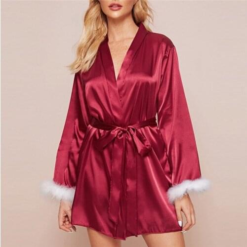 Women´s Long Sleeve Robes Sleepwear Female Ladies Sexy V-neck High Waist Bathrobe Solid Color Lace-up Plush Underwear Robes