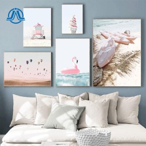 Sea Landscape Canvas Painting Flamingo Swimming Ring Poster Print Hot Air Balloon Wall Art Ice Cream Picture For Home Decoration