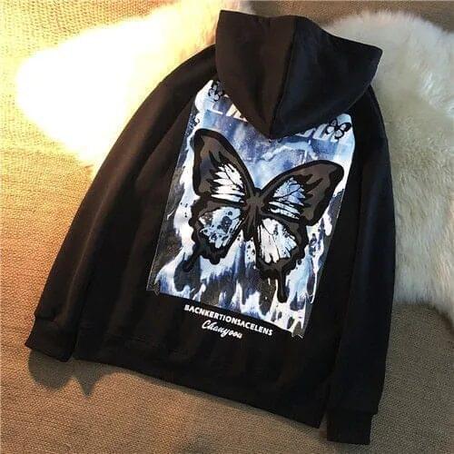 Y2K fashion oversized butterfly graphic Jacket Plus Velvet E-girls 90s Streetwea Thickening Trend Ins Autumn and Winter Hooded