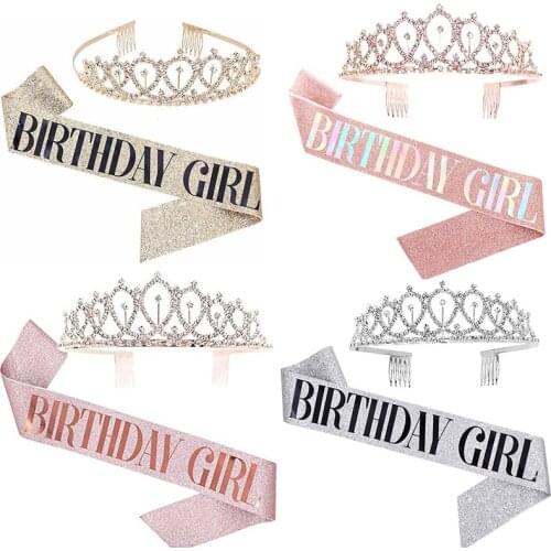 1 Set Crystal Crown Tiara Birthday Shoulder Strap Anniversary Happy 18 21 30 40 Party