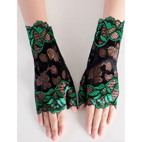 Green Sunblock Fingerless Bridal Short Silver Lace Gloves Fingerless Floral Gloves for Women Bride Prom Gloves ST330