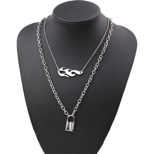Hip-hop Flame Lock Pendant Flame Necklace Male Female Chokers Street Dance Chain Cool Punk Jewelry Fashion Charm Double-deck