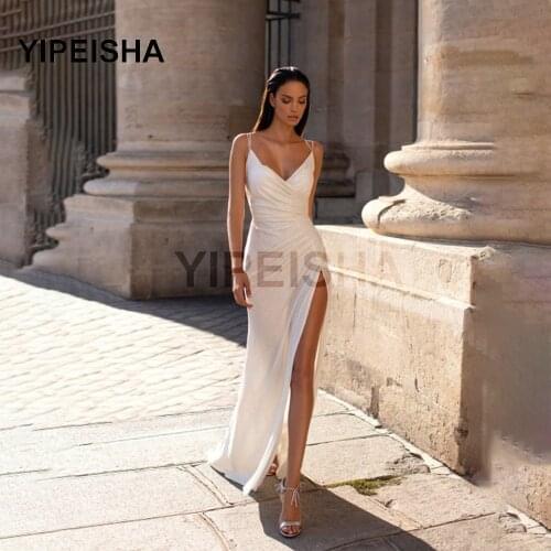 Sexy V-Neck Backless Chiffon Evening Dress Spaghetti Strap Front High Split Simple Clubbing Party Gown vestidos de fiesta платье