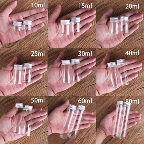 10ml 15ml 20ml 25ml 30ml(1OZ) 40ml 50ml 60ml(2OZ) Transparent Glass Spice Bottles Jars Terrarium with Silver Screw Cap Lid 24pcs