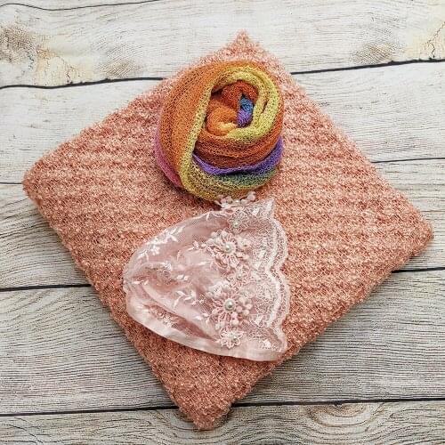 A Set Clearance 150*100cm Knit Thin Fabric Backdrop Blanket,Stretch Rainbow Wrap,Handcraft Girl Lace Bonnet for Newborn Shooting