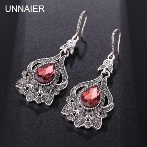 UNNAIER 2021 new womens wine red semi-precious stones bridal earrings water drop pendant earrings retro jewelry