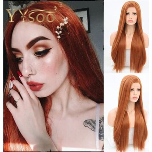 YYsoo long Orange Brown Silk Straight Synthetic 13x4 Lace Front Wigs Glueless Pre Plucked Hairline Heat Resistant Wig Fiber