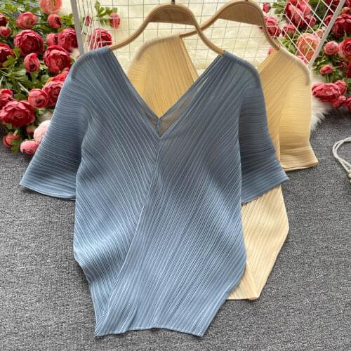 Chic Super Stretch Folds Pullover Blouse Shirt Women Summer Elegant Office lady V-neck Batwing Sleeve Pleated Oversized Tshirt
