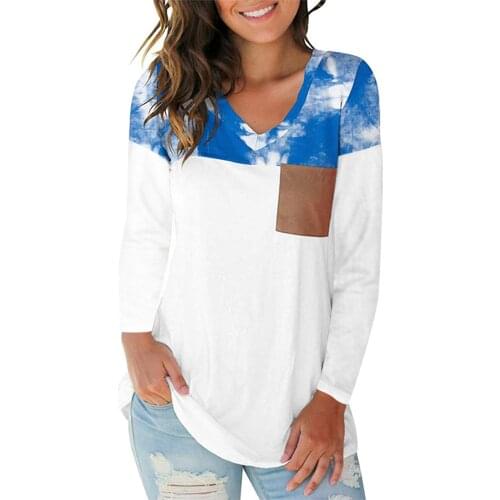 Fashion Women T-shirt Casual Long Sleeve Pocket Tie-dye Multicolor Patchwork V-Neck Tops Comfortable Autumn Winter Clothing