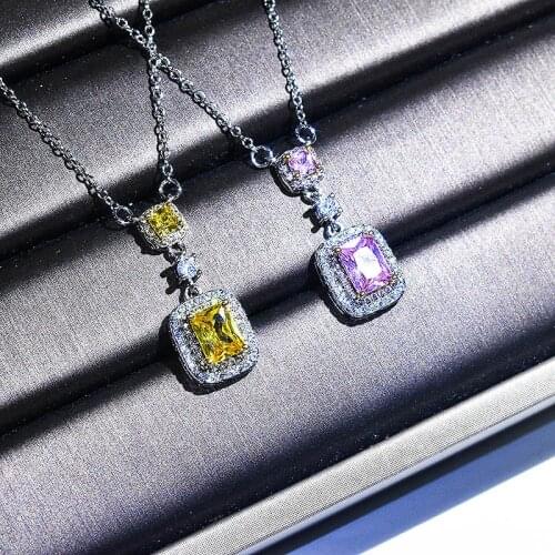 QTT 925 Sterling Silver Neckalce Womens Chain Square Pink Yellow Zircon Pendant Necklace Ladies Wedding Anniversary Engagement