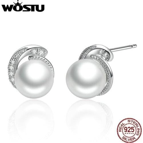 Wholesale Brand 100% Authentic 925 Sterling Silver Pearl Stud Earrings With Clear CZ For Women Luxury Jewelry Christmas Gift