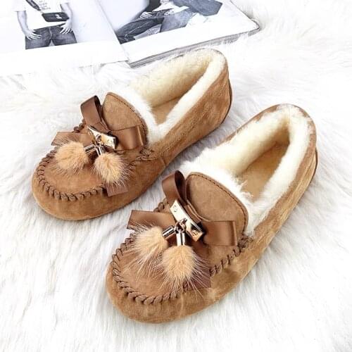 MOOKIAPI Shoes Woman 100% Genuine Leather Loafers 2020 Real Fur Winter Classic Flats For Womens Winter Shoes