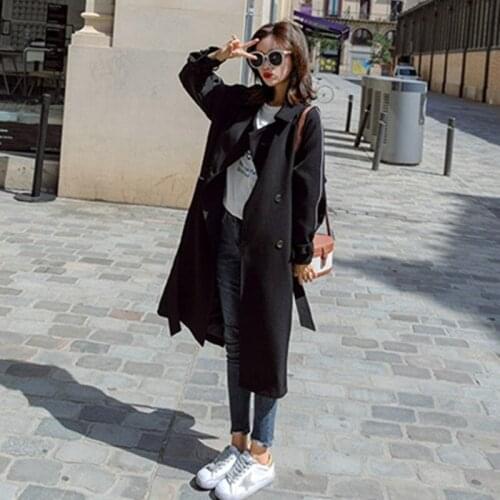 Women Coat Sashes Long Trench Coat Casual Pockets Double Breasted Outerwear Korean Female Black Office Manteau