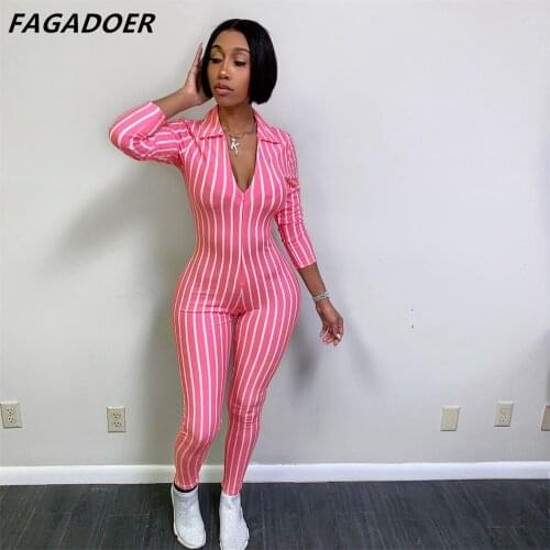 FAGADOER Deep V Striped Bodycon Jumpsuit Female Sexy Slim Rompers Autumn 2021 Casual Playsuits Clubwear Outfits Streetwear