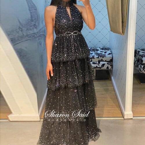 Glitter Crystal Black Sequin Evening Dress 2021 Elegant Ruffled Tulle Long Pink Prom Formal Dresses for Women Wedding Party Gown