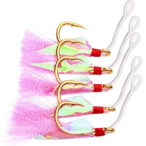 20pcs/lot Saltwater Fishing Hooks with Pink Feather 1/0-9/0 JIGGING HOOKS Gold and Black 2 Colors Stainless Steel Fishing Hooks