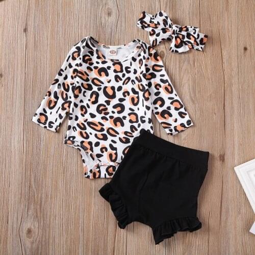 Pudcoco Newborn Baby Girl Clothes Leopard Print Long Sleeve Romper Tops Short Pants Headband 3Pcs Outfits Cotton Clothes