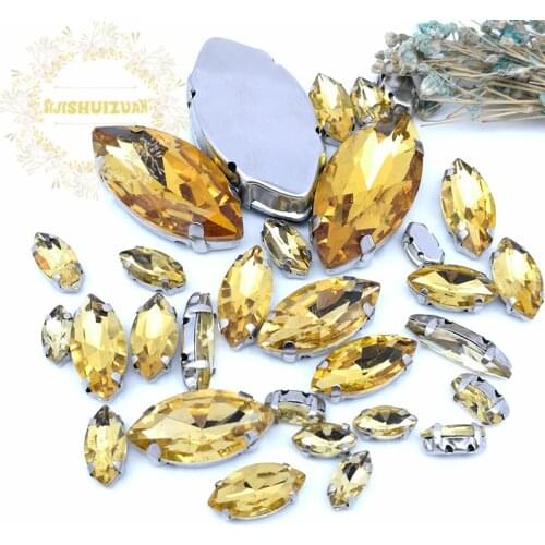 8 SIZES 30PCS Free shipping! Golden yellow Horse eye shape Glass Crystal sew on rhinestones with calw Diy wedding decoration