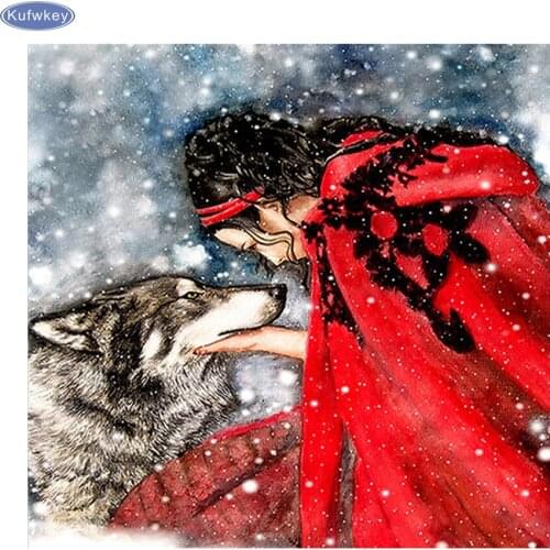 New 5D DIY Diamond Painting woman and wolf,Full Square Diamond Cross Stitch animals,Rhinestone Mosaic Painting home decor gifts
