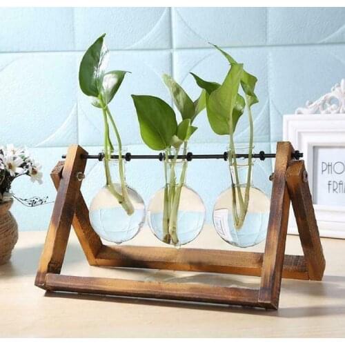 Home Garden Wooden Stand Hydroponic Container Table Desktop Flower Pot Glass Transparent Glass Bulb Small Vase Home Decor