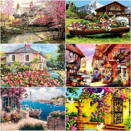 GATYZTORY Diy Oil Painting By Numbers Flower houses DIY On Canvas Acrylic Painting Wall Art Home Decoration 40x50cm