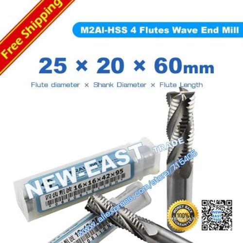 Shank 20mm Flute Diameter 25mm 25*20*60*125mm 4 Flute Roughing Wave end Mill wave edge mill cutter M2AL-HSS
