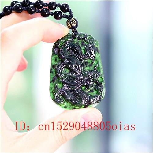Chinese Natural Black Green Jade Dragon Pendant Beads Necklace Charm Jewelry Fashion Accessories Carved Amulet Gifts for Men Her