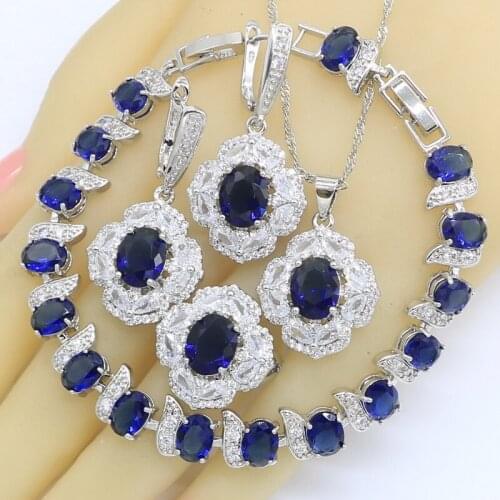 Classic Blue Semi-precious Jewelry Sets for Women Bridal Bracelet Necklace Pendant Earrings Ring Gift Box