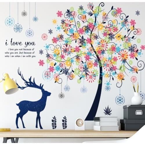 Colorful Flower Tree Deer Wall Stickers for Kids Room Decor Removable Vinyl Decals DIY Christmas Decoration Posters