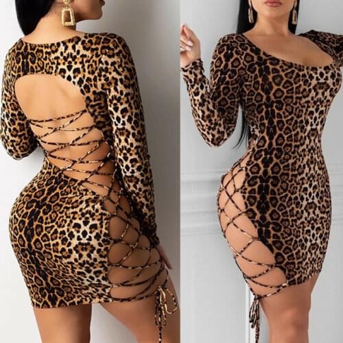 Meihuida Women Hot Sexy Fashion Leopard Backless Long Sleeve O-Neck Skinny Short Dresses Night Club Wear