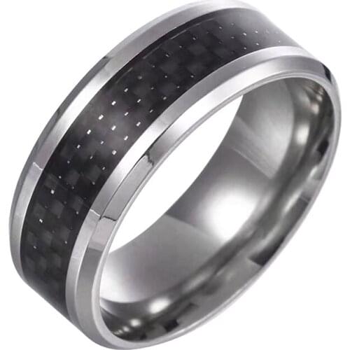 8mm Carbon Fibre Ring Mens Stainless Steel Rings For Men Black Silver Color Men Wedding Band Fraternal Jewelry Boy Anel Bijoux