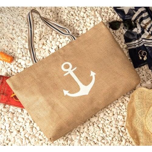New jute beach bag fashion women summer large capacity tropical anchor printed unprinted shoulder bag top handbag shopping bags