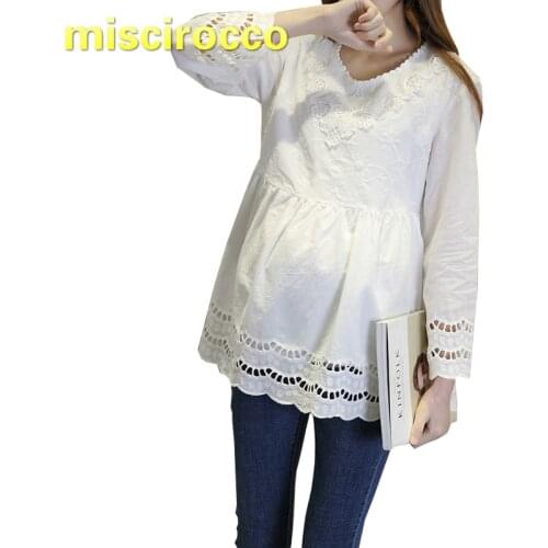 Maternity Shirt Lace Pregnant Women Three Quarter Short T-shirt Cotton White Embroidery Shirt Hollow Out Cool