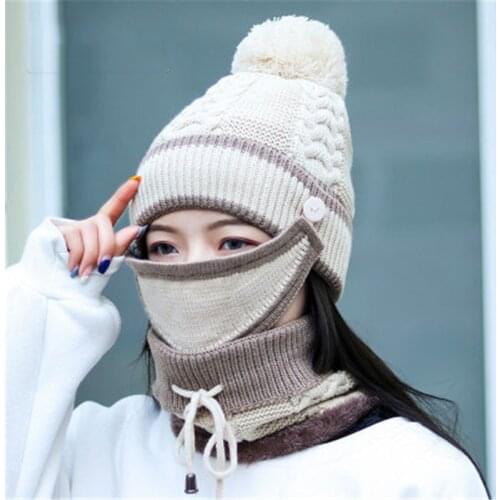 2019 Wool Knitted Thick Winter Pompom Skullie Beanie Ring Mask Sets Women Cap Hat Scarf Neck Ear Warm Fashion Accessories-CGC-W7