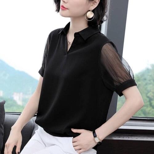 Chiffon Shirt 2021 Summer New Black Short Sleeve V-neck Top Large Womens Clothing Korean Mesh Shirt