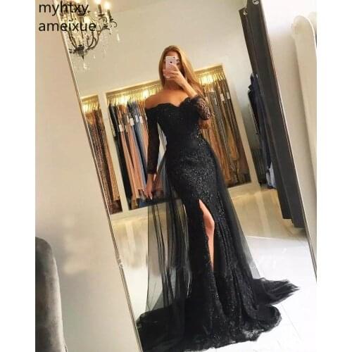Sexy Lace Long Black And Silver White Evening Dresses 2020 Mermaid V-neck Plus Size Formal Islamic Arabic Elegant Event Dress