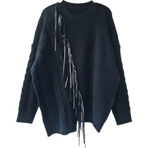 IHOBBY White Tassel Knitting Sweater Women 2020 Spring New Loose Fashion Leather Stitching Water Drill Pullover Sweaters