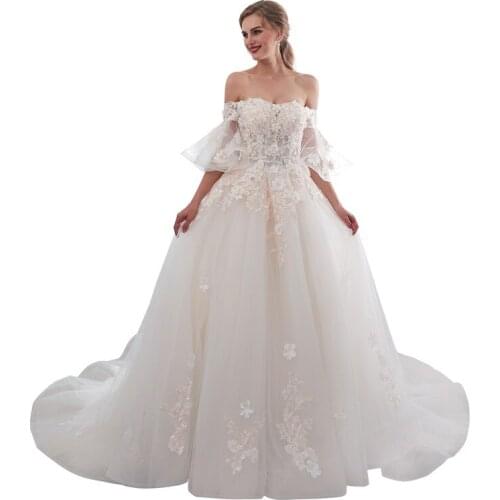 In Stock Flare Sleeves Appliques Off the Shoulder Lace Up Wedding Dress Trailing Robe de soiree Vestido de noche 43657