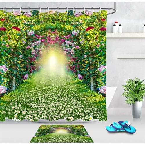 Spring Landscape Shower Curtain Green Natural Scenery Plant Flower Polyester Fabric Bathroom Curtains Mat Bathroom Decoration