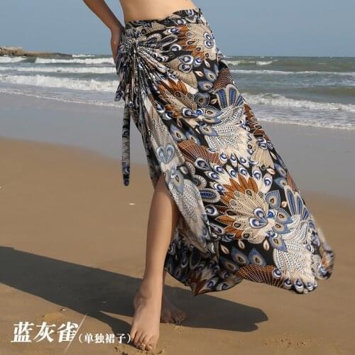 2021 Oriental Belly Dance Peacock Pattern Beach Mermaid Skirt Female Summer Dancing Clothes Wrap Skirt Short Sleeve Top