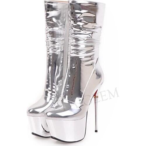 LAIGZEM Platform Boots Handcrafted Women Stlietto Heels Metal Short Boots Ladies Shoes Clubs Botines Mujer Size 33 40 42 43