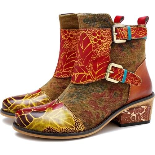 Retro Women Boots Sun Flower Printing Comfortable Genuine Leather Splicing Zipper Buckle Strap Comfy 3CM Square Heel Shoes Women