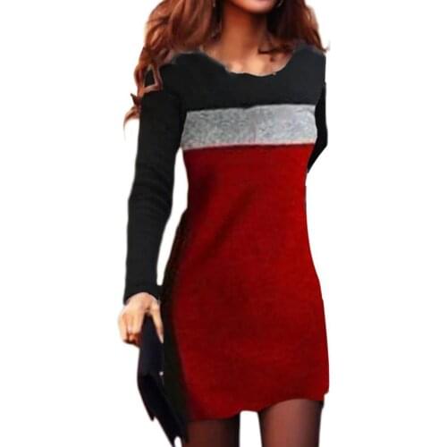 Women dress O Neck Long Sleeve Basic Blouse Tunic Color Block Waist Tight Mini Dress female mini dress summer party dress women