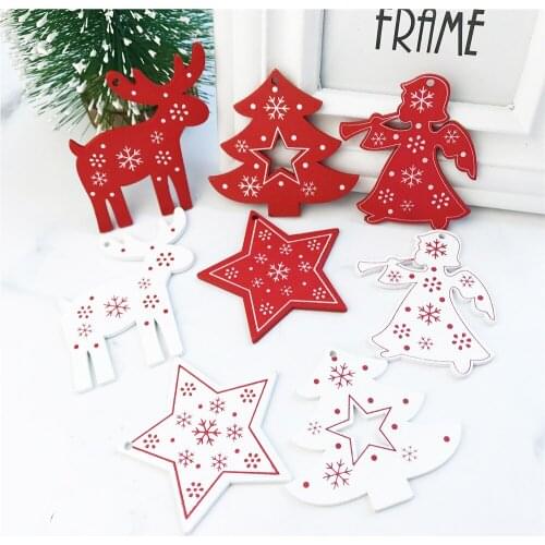 NEW 10pcs White Red Christmas Tree Ornament Wooden Hanging Pendants Angel/Deer/Christmas Tree /Star Christmas Home Decorations