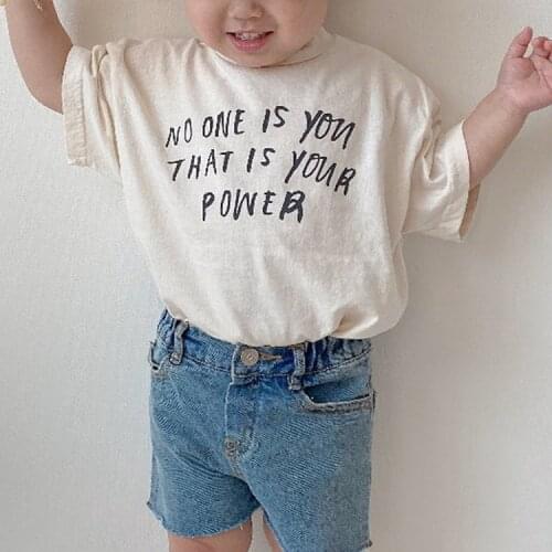 2021 Kids Summer New Tops Casaul Fashion Letter Print Boys Girls Cotton Tshirt Short Sleeve Baby Clothing Children Solid Clothes