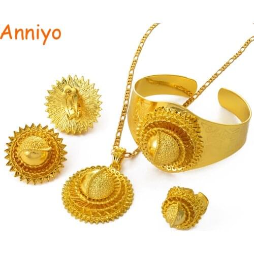 Anniyo New Ethiopia set Jewelry Gold Color Pendant Chain/Clip Earrings/Bangle/Ring Africa Bride Eritrea set Ethiopian #000513