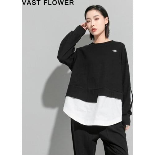 Irregular Patchwork Fake Two Piece T-Shirt Women New Plus Size Loose Casual Long Sleeve Tshirt Tops Clothes Fashion Spring 2021