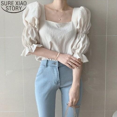 2021 Summer Puff Sleeve chiffon Blouses Sweet Square Collar Shirring Blouse French Chic Women Tops Elegant Shirt Blusas 13824