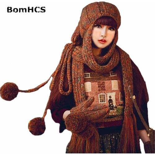 BomHCS Fashion Beanie Scarf & Gloves (2pcs )Cute Women Winter Warm Thick 100% Handmade Knit Hat Caps