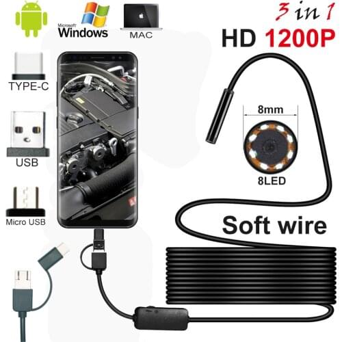 Borescope Camera 8mm Len Inspection Pipe Android 3in1 Endoscope 2-10m USB Cable Searching Thing Camcorder IP68 Waterproof Camera